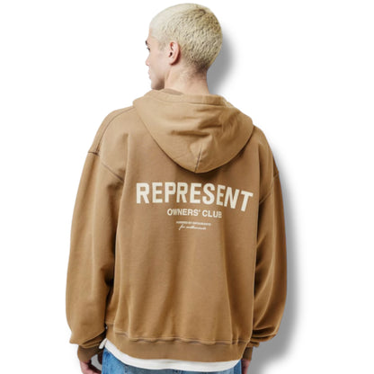 REPRESENT OWNERS CLUB ZIP UP HOODIE ALMOND BROWN