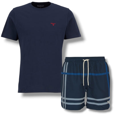 BARBOUR SMALL LOGO T-SHIRT & CHECK SWIM SHORTS SET NAVY BLUE