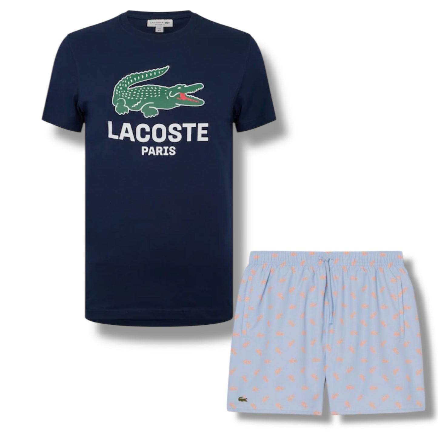 LACOSTE LARGE LOGO T-SHIRT & ALL OVER LOGO SWIM SHORTS SET NAVY & LIGHT BLUE