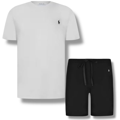 RALPH LAUREN LOGO T-SHIRT & JERSEY SHORTS SET WHITE & BLACK