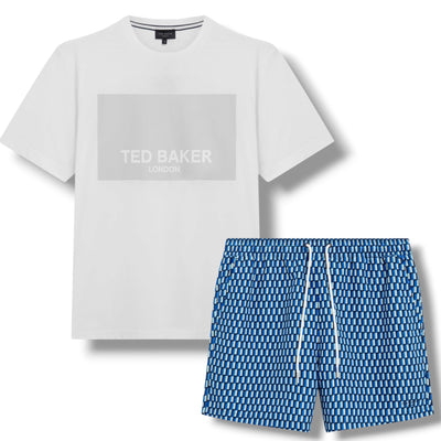 TED BAKER BIG LOGO T-SHIRT & SWIM SHORTS SET WHITE & GEO BLUE