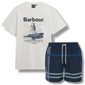 BARBOUR LIGHTHOUSE FRONT LOGO T-SHIRT & CHECK SWIM SHORTS SET WHITE & NAVY BLUE