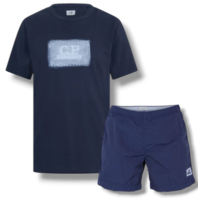 CP COMPANY PAINT STAMP T-SHIRT & SWIM SHORTS SET INDIGO BLUE