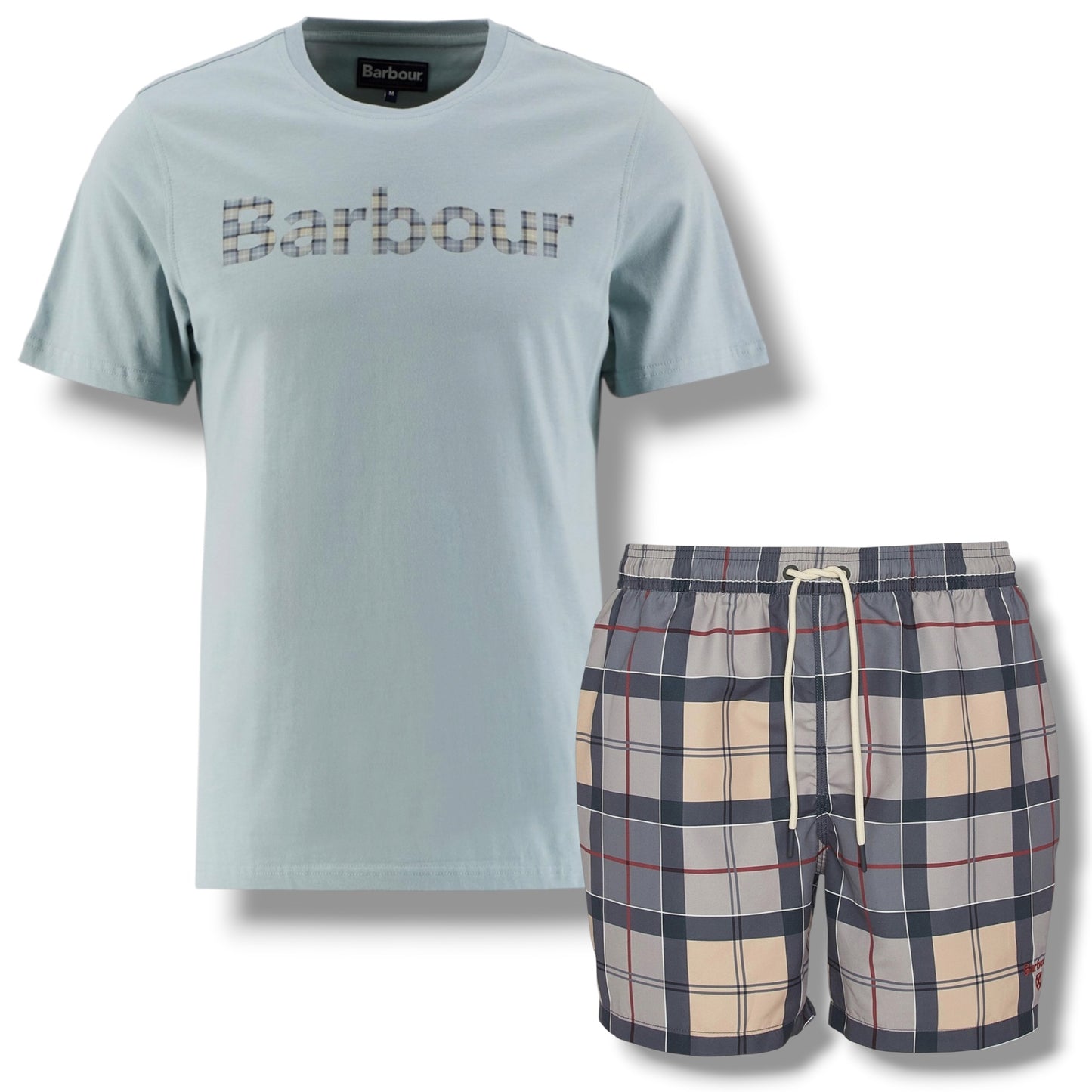 BARBOUR CHECK LOGO T-SHIRT & CHECK SWIM SHORTS SET LIGHT BLUE & BEIGE
