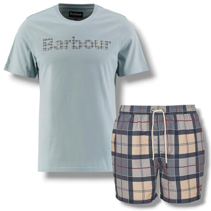 BARBOUR CHECK LOGO T-SHIRT & CHECK SWIM SHORTS SET LIGHT BLUE & BEIGE