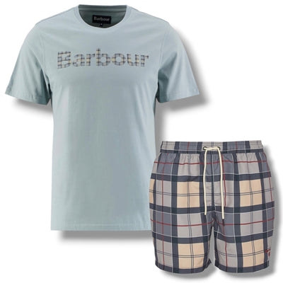 BARBOUR CHECK LOGO T-SHIRT & CHECK SWIM SHORTS SET LIGHT BLUE & BEIGE