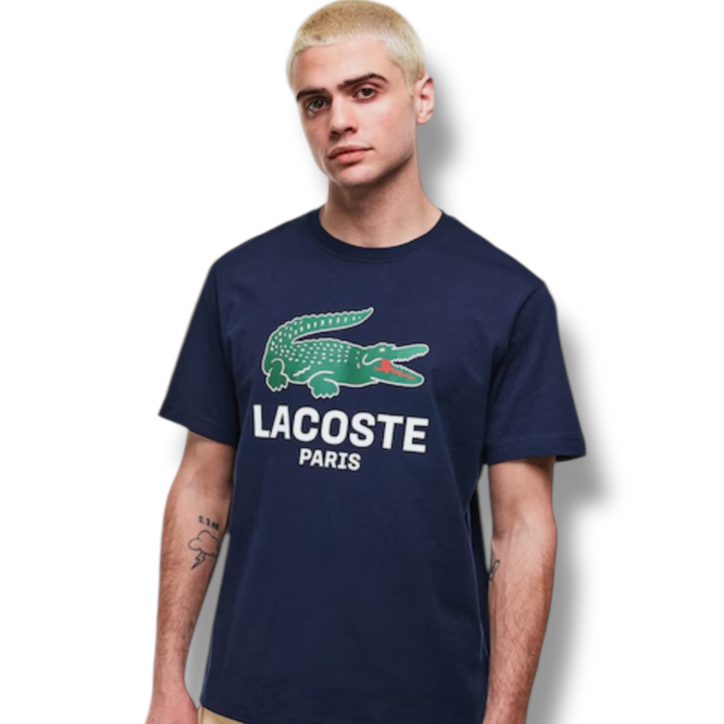 LACOSTE LARGE LOGO T-SHIRT & ALL OVER LOGO SWIM SHORTS SET NAVY & LIGHT BLUE