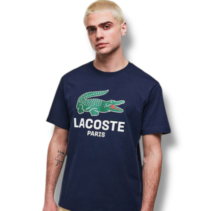 LACOSTE LARGE LOGO T-SHIRT & ALL OVER LOGO SWIM SHORTS SET NAVY & LIGHT BLUE