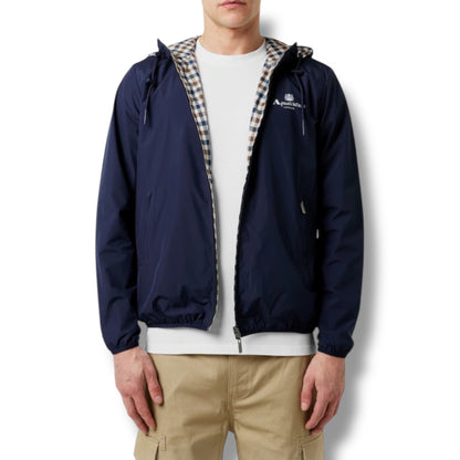 AQUASCUTUM HOODED RAIN JACKET REVERSIBLE NAVY BLUE - CHECK