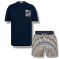 AQUASCUTUM  PATCH POCKET T-SHIRT & CHECK SWIM SHORTS SET NAVY BLUE - BEIGE