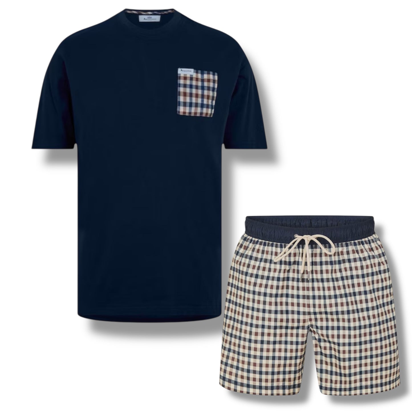 AQUASCUTUM  PATCH POCKET T-SHIRT & CHECK SWIM SHORTS SET NAVY BLUE - BEIGE