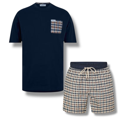 AQUASCUTUM  PATCH POCKET T-SHIRT & CHECK SWIM SHORTS SET NAVY BLUE - BEIGE