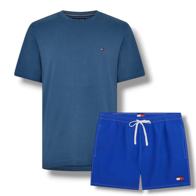 TOMMY HILFIGER SMALL LOGO T-SHIRT & SWIM SHORTS SET SEA BLUE & BLUE