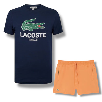 LACOSTE LARGE LOGO T-SHIRT & SWIM SHORTS SET NAVY & ORANGE