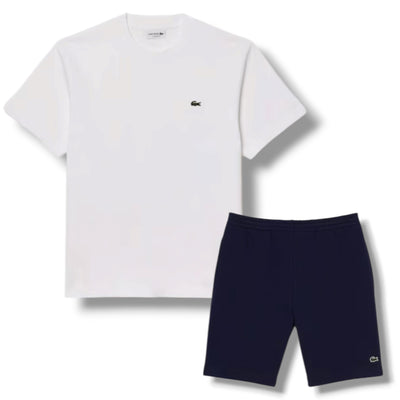 LACOSTE SMALL LOGO T-SHIRT & JERSEY SHORTS SET WHITE & NAVY BLUE