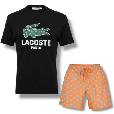 LACOSTE LARGE LOGO T-SHIRT & ALL OVER LOGO SWIM SHORTS SET BLACK & ORANGE