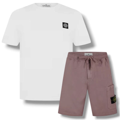 STONE ISLAND PATCH LOGO T-SHIRT & CARGO JERSEY SHORTS SET WHITE & PURPLE