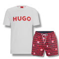 HUGO BIG LOGO T-SHIRT & ALL OVER SWIM SHORTS SET WHITE - RED & RED