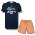 LACOSTE LARGE LOGO T-SHIRT & ALL OVER LOGO SWIM SHORTS SET NAVY & ORANGE