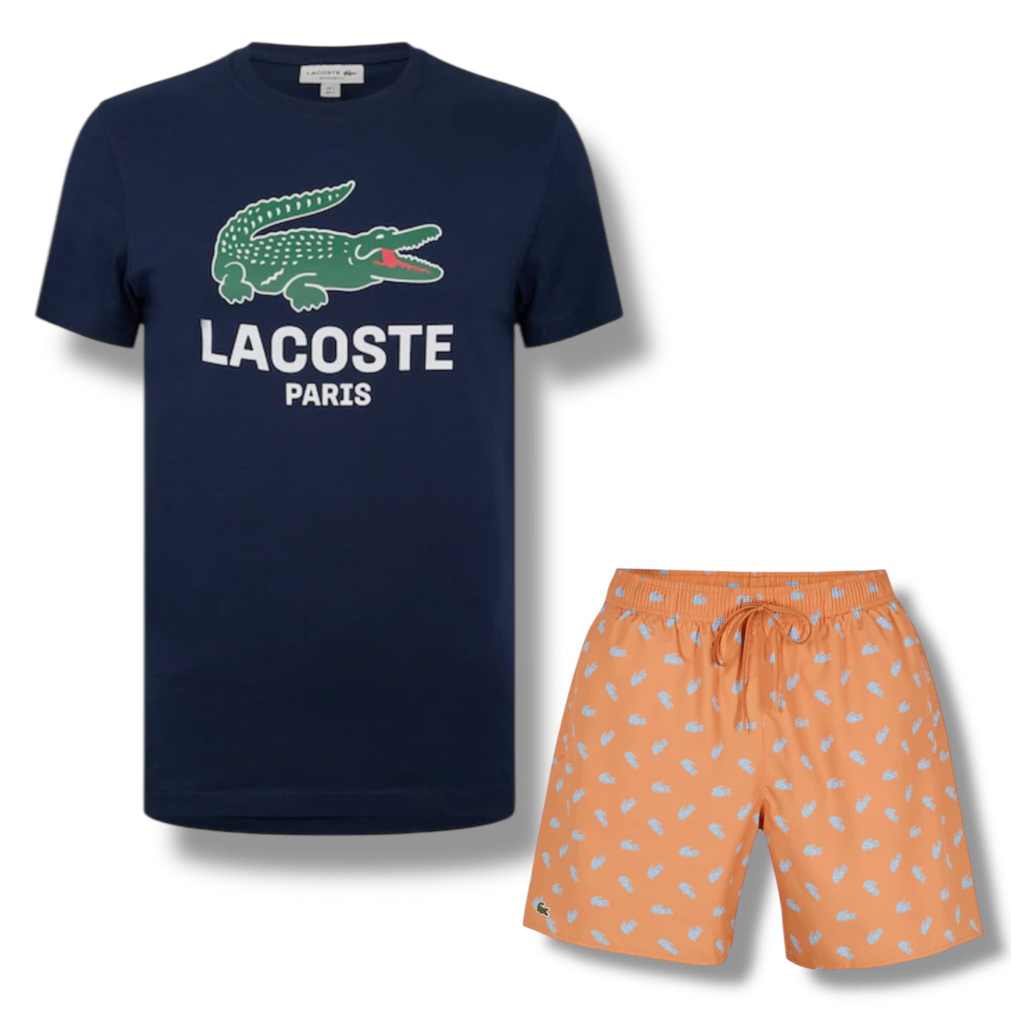 LACOSTE LARGE LOGO T-SHIRT & ALL OVER LOGO SWIM SHORTS SET NAVY & ORANGE
