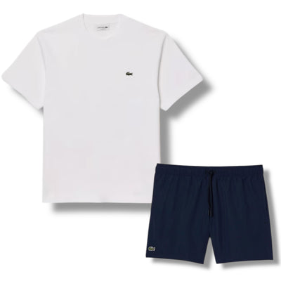 LACOSTE SMALL LOGO T-SHIRT & SWIM SHORTS SET WHITE & NAVY BLUE
