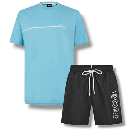 HUGO BOSS STORM T-SHIRT & SWIM SHORTS SET AQUA BLUE & BLACK