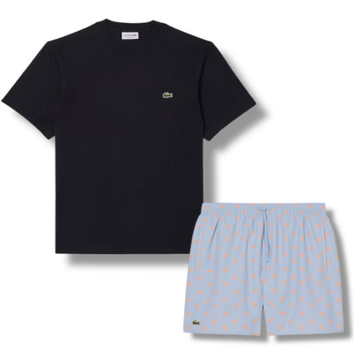 LACOSTE SMALL LOGO T-SHIRT & ALL OVER LOGO SWIM SHORTS SET BLACK & LIGHT BLUE