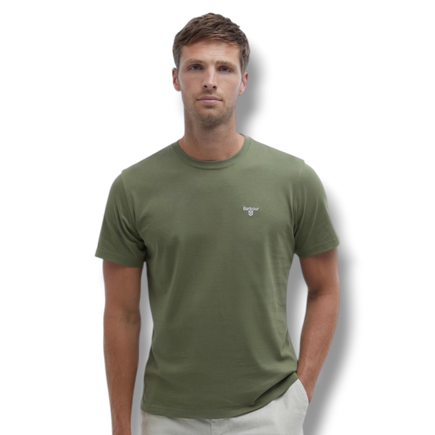 BARBOUR SMALL LOGO T-SHIRT & FLORAL SWIM SHORTS SET OLIVE GREEN  & NAVY BLUE