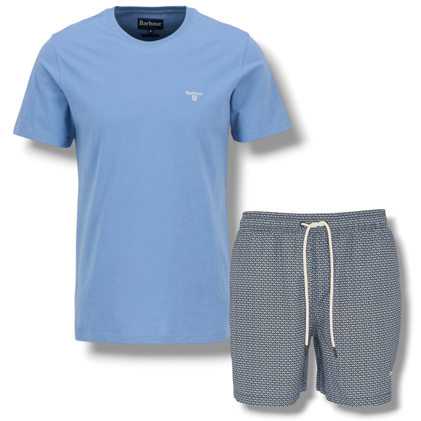 BARBOUR SMALL LOGO T-SHIRT & SHELL SWIM SHORTS LIGHT BLUE & NAVY BLUE