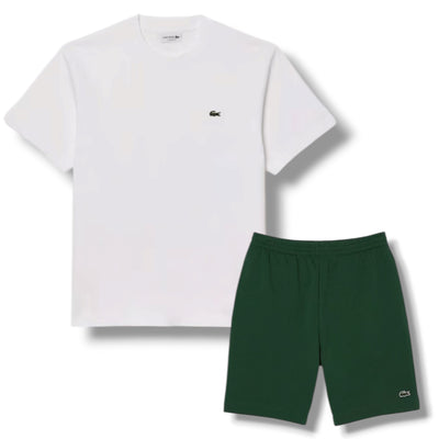 LACOSTE SMALL LOGO T-SHIRT & JERSEY SHORTS SET WHITE & GREEN