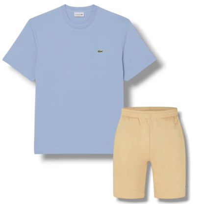 LACOSTE SMALL LOGO T-SHIRT & JERSEY SHORTS SET LIGHT BLUE & BEIGE