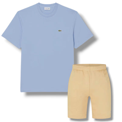 LACOSTE SMALL LOGO T-SHIRT & JERSEY SHORTS SET LIGHT BLUE & BEIGE