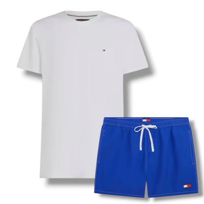 TOMMY HILFIGER SMALL LOGO T-SHIRT & SWIM SHORTS SET WHITE & BLUE