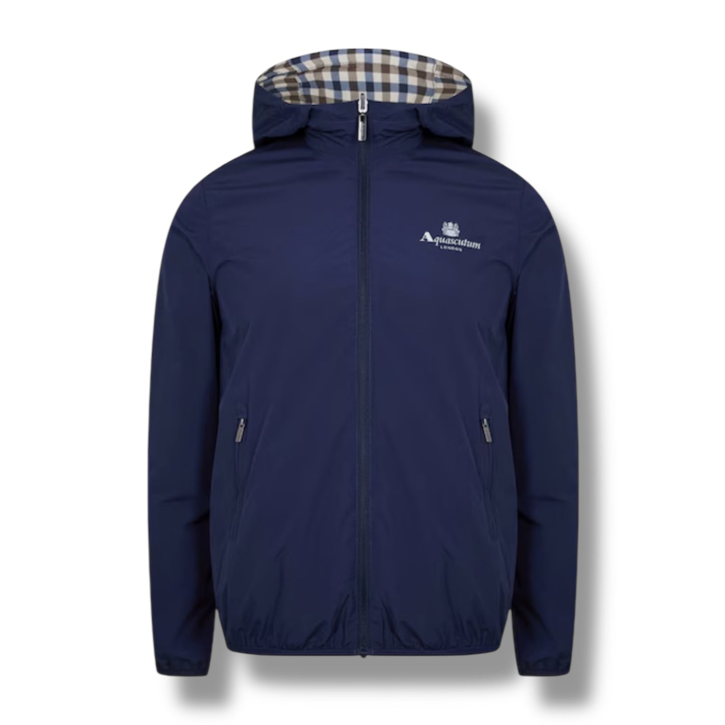 AQUASCUTUM HOODED RAIN JACKET REVERSIBLE NAVY BLUE - CHECK