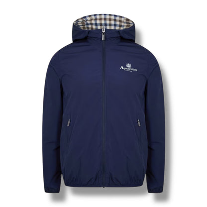 AQUASCUTUM HOODED RAIN JACKET REVERSIBLE NAVY BLUE - CHECK