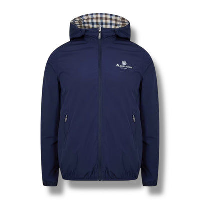 AQUASCUTUM HOODED RAIN JACKET REVERSIBLE NAVY BLUE - CHECK