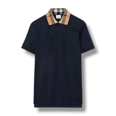 BURBERRY CHECK COLLAR POLO SHIRT NAVY BLUE