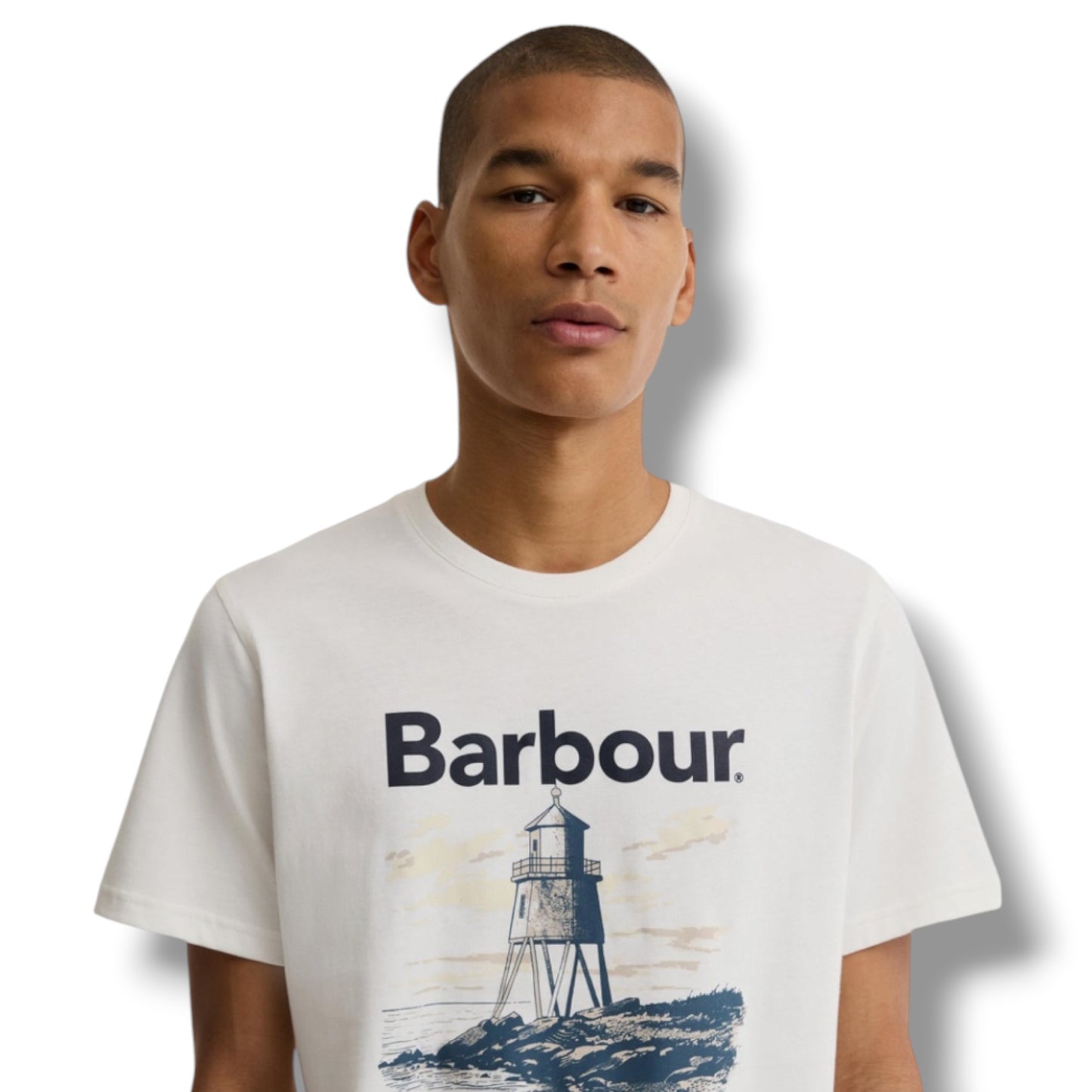 BARBOUR LIGHTHOUSE FRONT LOGO T-SHIRT & CHECK SWIM SHORTS SET WHITE & NAVY BLUE