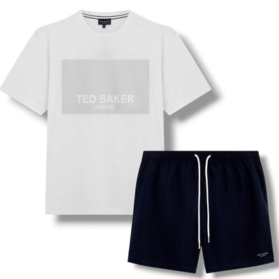 TED BAKER BIG LOGO T-SHIRT & SWIM SHORTS SET WHITE & NAVY BLUE