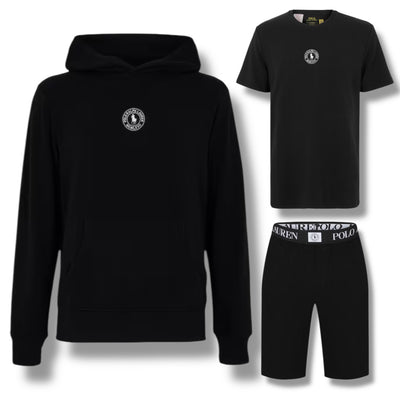 RALPH LAUREN PUCK HOODIE - T-SHIRT & JERSEY SHORTS TRIPLE SET BLACK