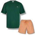 LACOSTE SMALL LOGO T-SHIRT & ALL OVER LOGO SWIM SHORTS SET GREEN & ORANGE