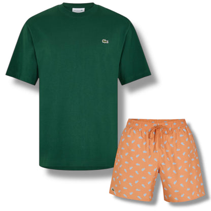 LACOSTE SMALL LOGO T-SHIRT & ALL OVER LOGO SWIM SHORTS SET GREEN & ORANGE