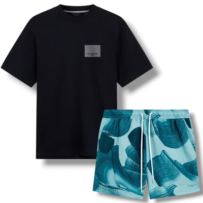 TED BAKER T-SHIRT & SWIM SHORTS SET BLACK & BLUE SWIRL
