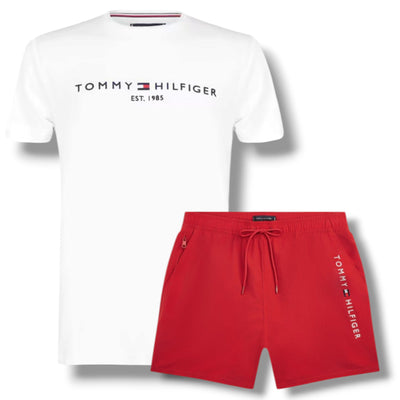 TOMMY HILFIGER LOGO T-SHIRT & SWIM SHORTS SET WHITE & RED