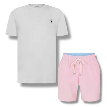 RALPH LAUREN T-SHIRT & SWIM SHORTS SET WHITE & LIGHT PINK
