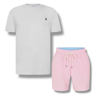 RALPH LAUREN T-SHIRT & SWIM SHORTS SET WHITE & LIGHT PINK