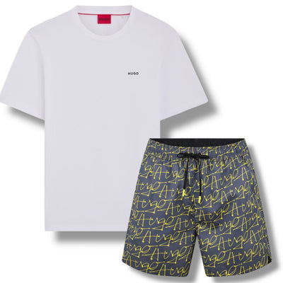 HUGO SMALL LOGO T-SHIRT & SIGNATURE SWIM SHORTS SET WHITE & GREY