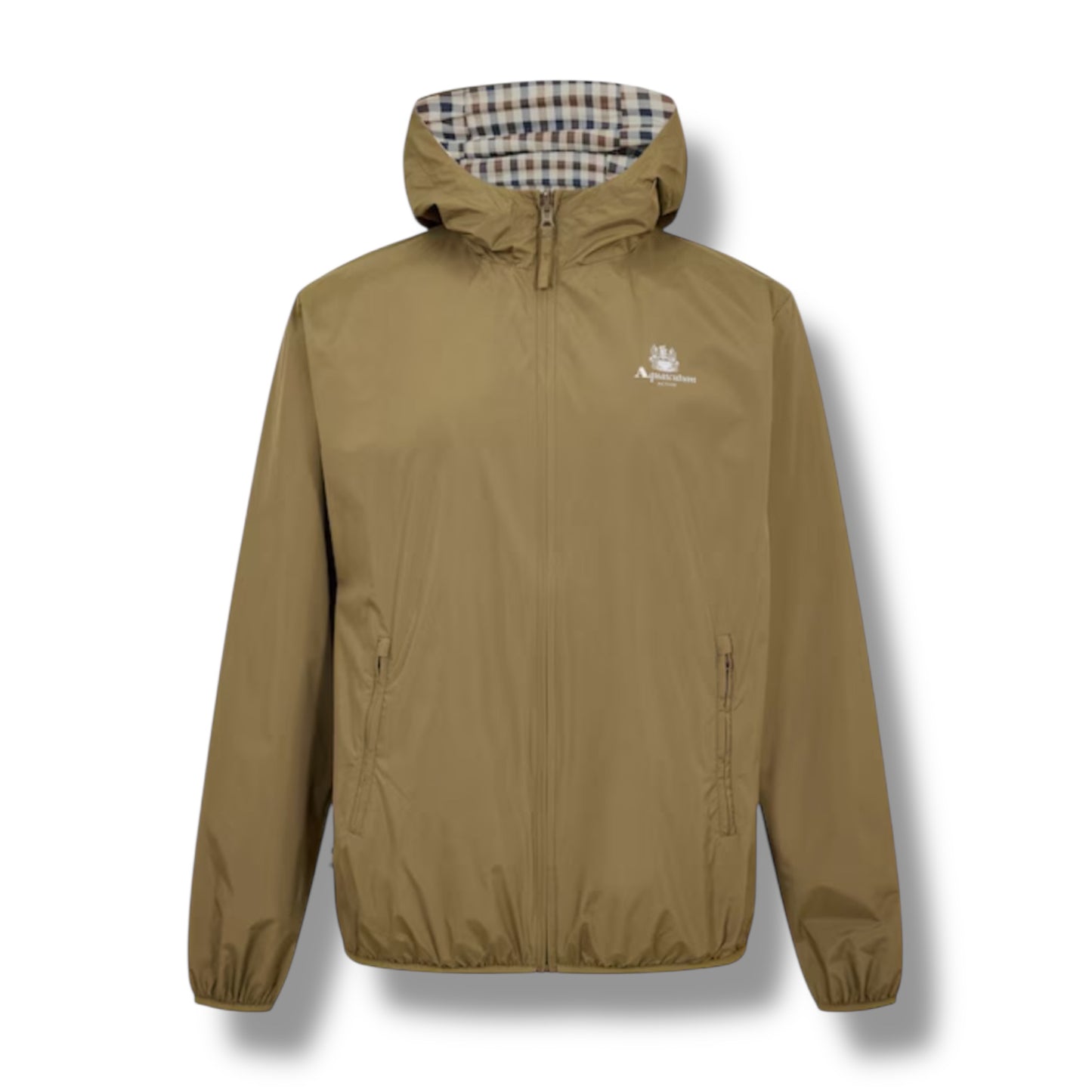 AQUASCUTUM HOODED RAIN JACKET REVERSIBLE KHAKI GREEN - CHECK