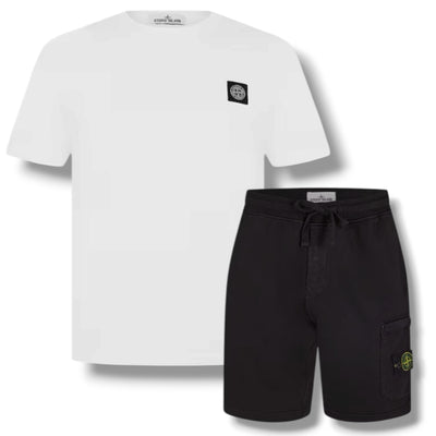 STONE ISLAND PATCH LOGO T-SHIRT & CARGO JERSEY SHORTS SET WHITE & BLACK