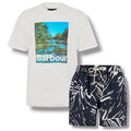 BARBOUR LAKE LOGO T-SHIRT & FLORAL SWIM SHORTS SET WHITE & NAVY BLUE